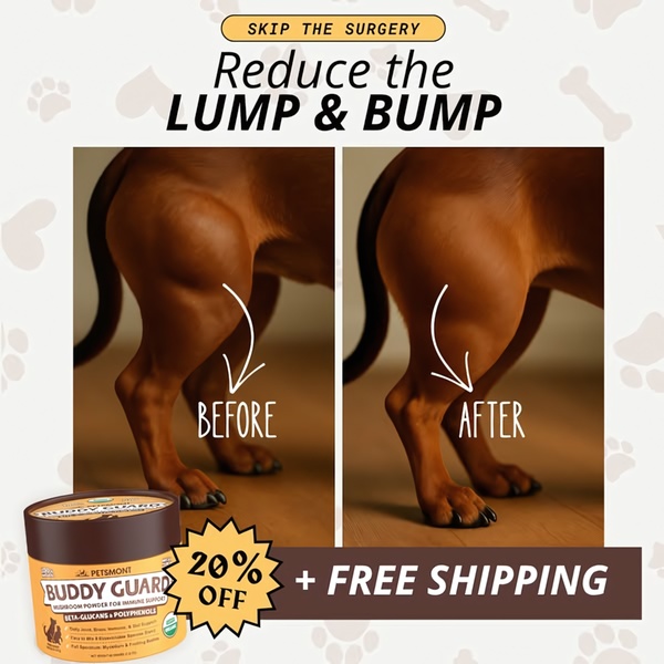A split-screen comparison showing a dog's health improvement alongside a product featured in a 1:1 social media square format.